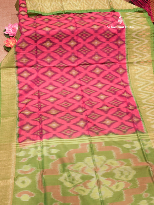 Premium Pink Colour Pochampalli Cotton Saree With Contrast Tissue Parrot Green Border
