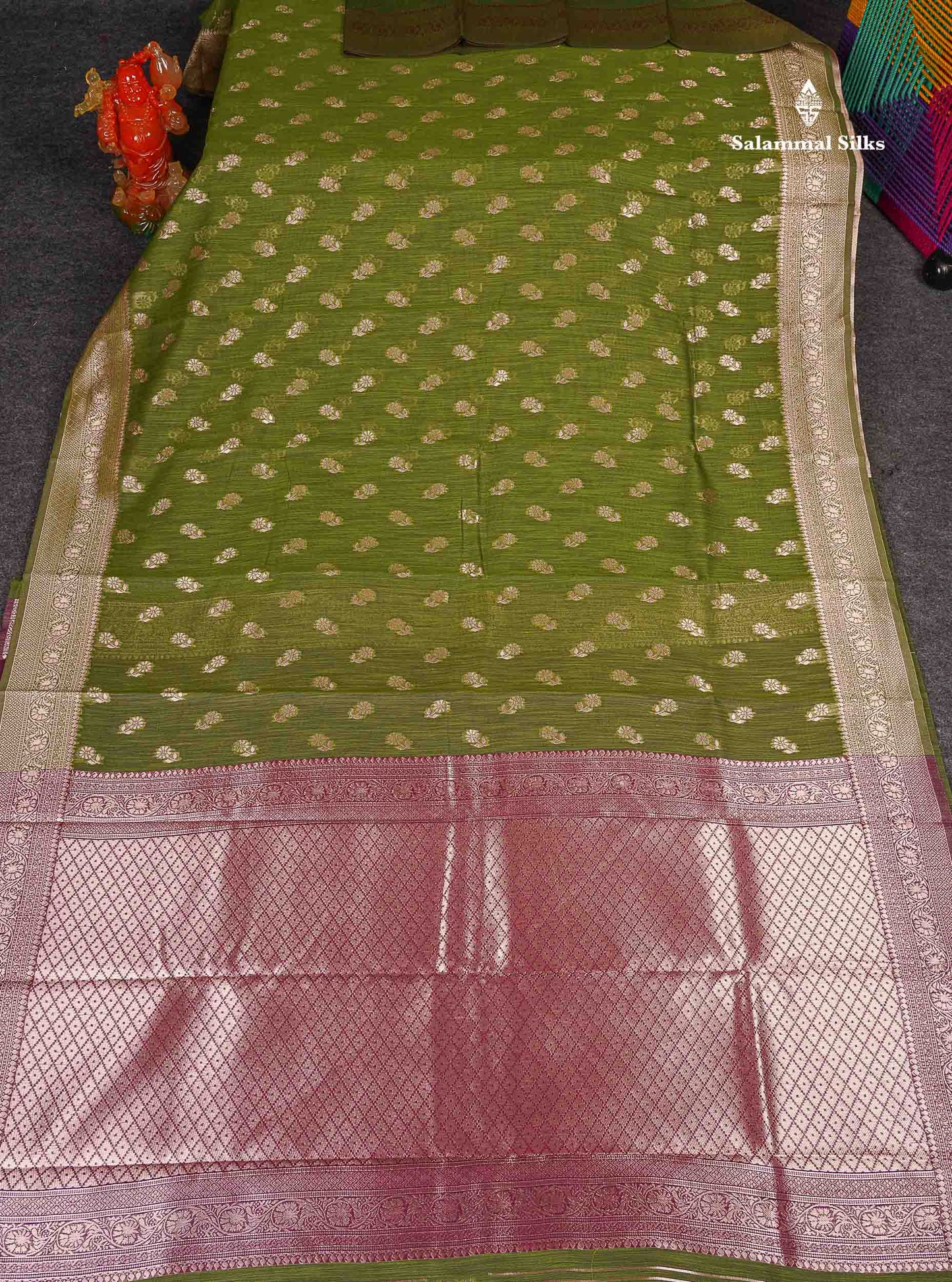 Cotton Mix Saree - Olive Green Colour Body Thread Butta With Fancy Border 