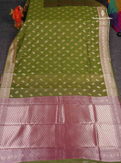 Cotton Mix Saree - Olive Green Colour Body Thread Butta With Fancy Border 