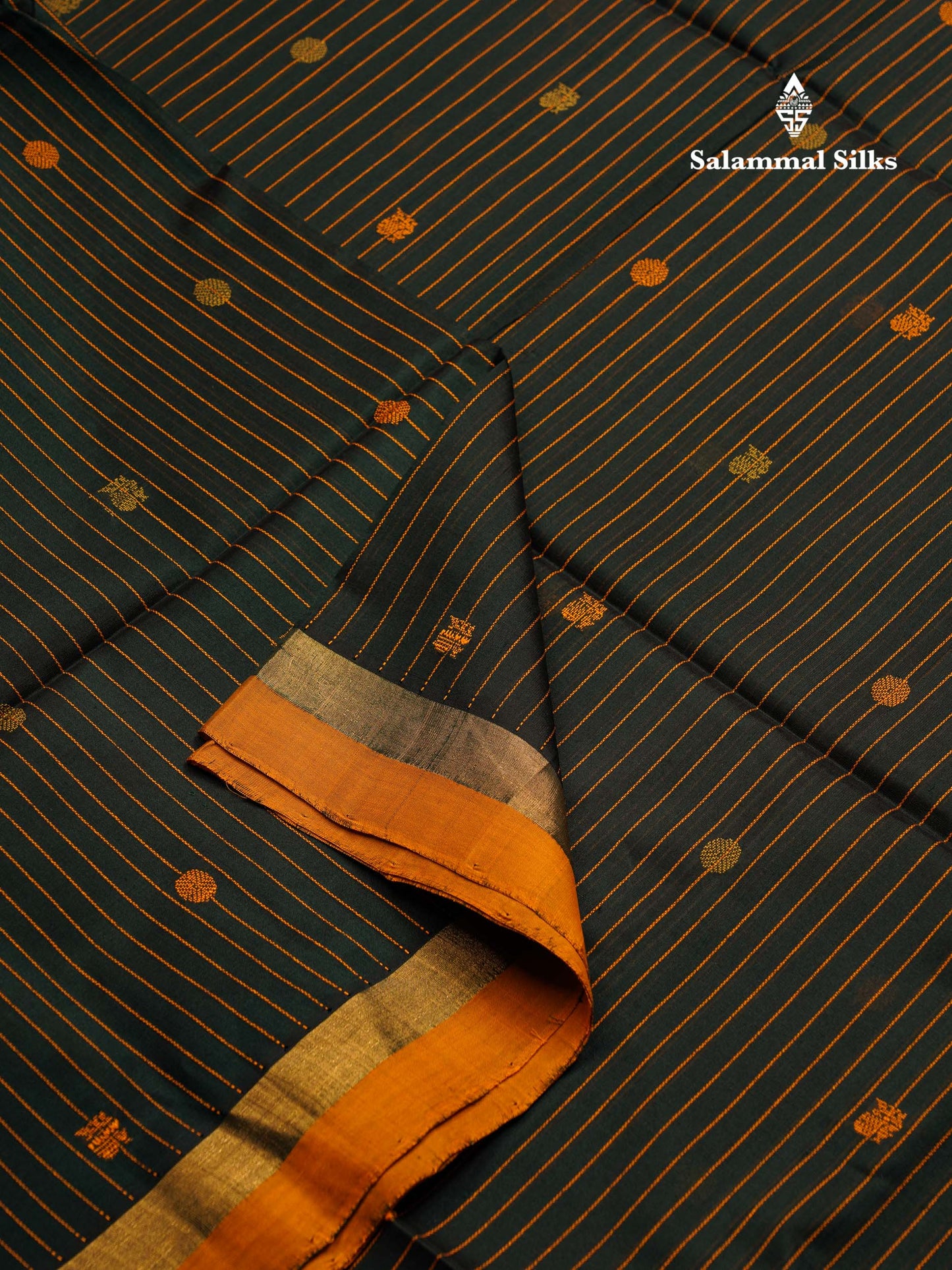 Beautiful Dark Bottle Green Thread Lines & Butta Pure Silk Cotton Saree With Contrast Mustard Yellow Blouse