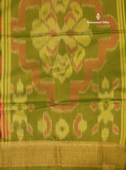 Premium Pink Colour Pochampalli Cotton Saree With Contrast Tissue Parrot Green Border