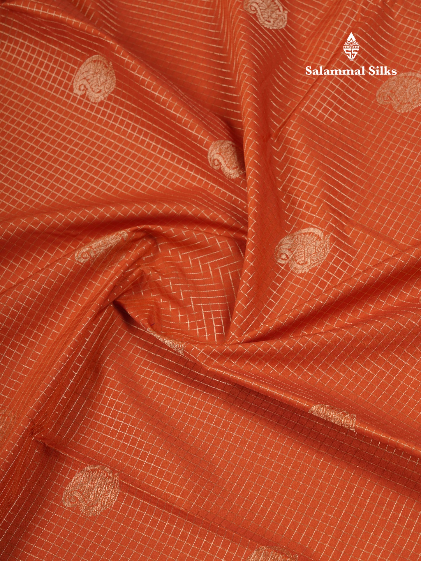 Beautiful Rust Orange Small Zari Small Checks Semi Silk Saree With Contrast Dark Brown Border