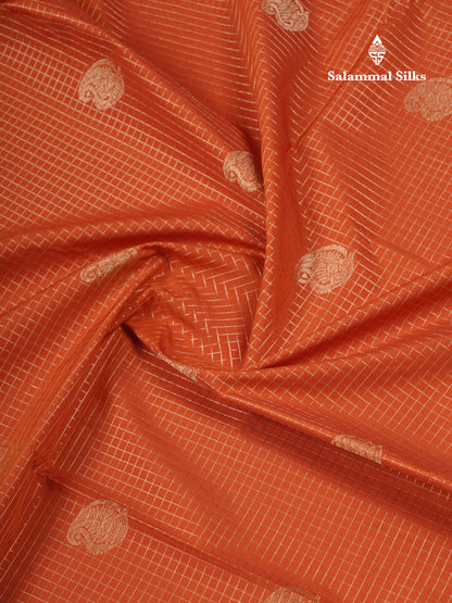 Beautiful Rust Orange Small Zari Small Checks Semi Silk Saree With Contrast Dark Brown Border