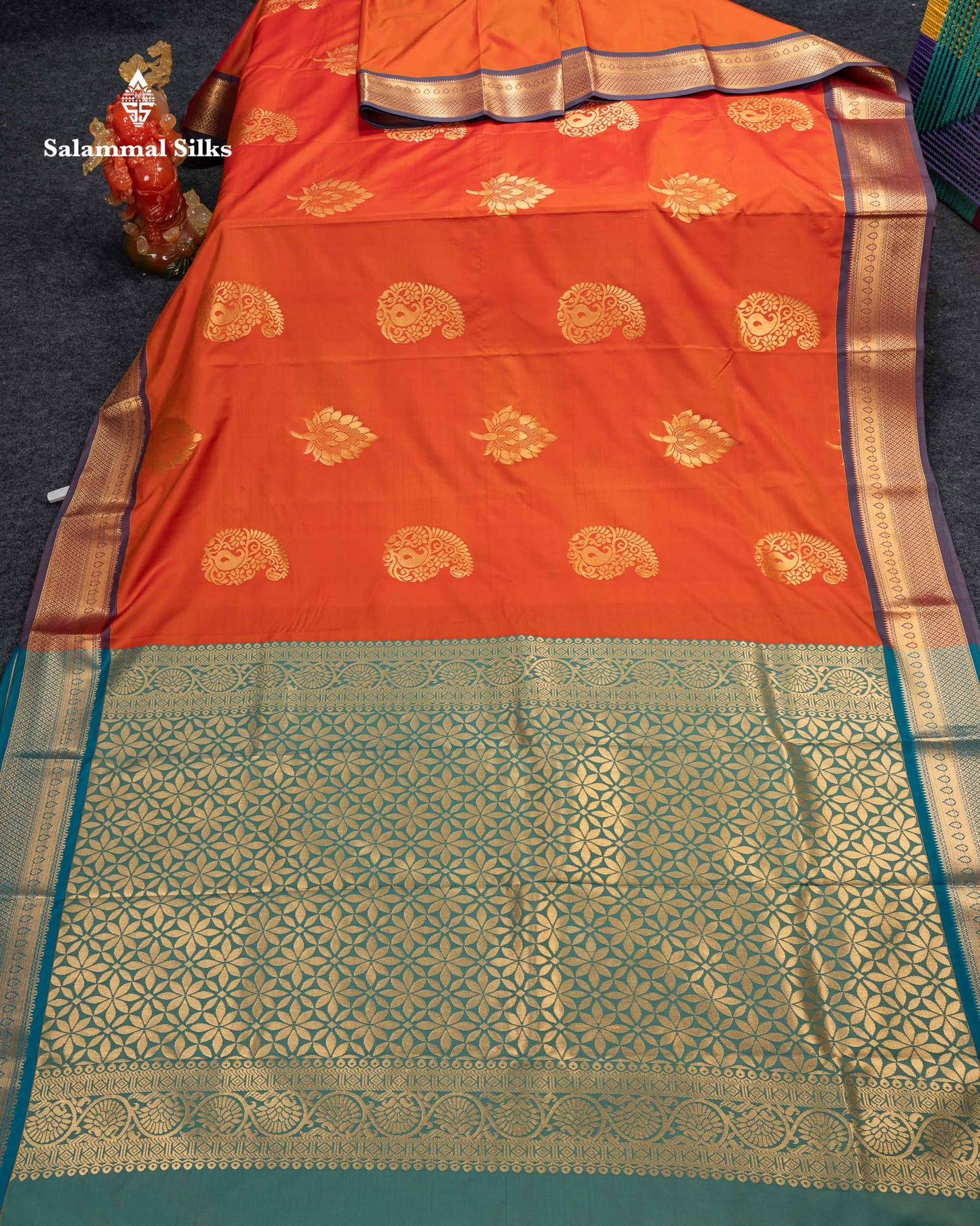 Beautiful Orange Semi Silk Saree With Contrast Sapphire Green Traditional Border