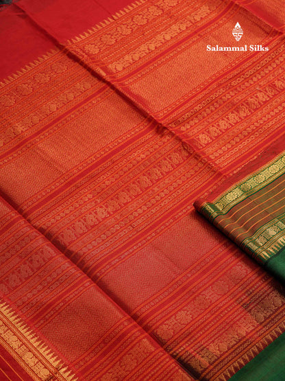 Beautiful Bottle Green Thread Butta Pure Silk Cotton Saree With Contrast Dual Tone Red Traditional Border