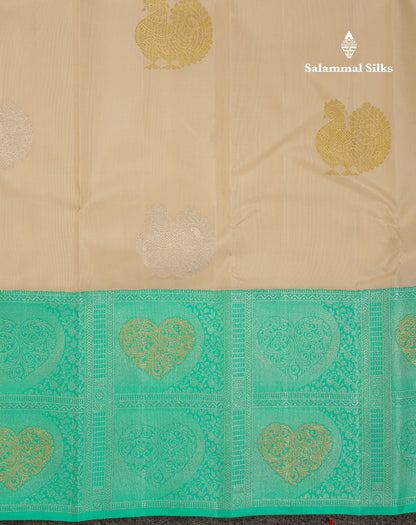 Beautiful Half White Silver & Gold Peacock Butta Pure Kanjivaram Silk Saree With Contrast Rexona Fancy One Side Border
