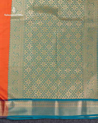 Beautiful Orange Semi Silk Saree With Contrast Sapphire Green Traditional Border