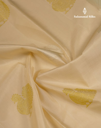 Beautiful Half White Silver & Gold Peacock Butta Pure Kanjivaram Silk Saree With Contrast Rexona Fancy One Side Border