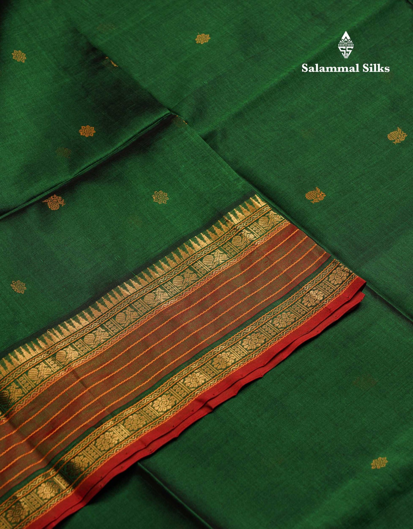 Beautiful Bottle Green Thread Butta Pure Silk Cotton Saree With Contrast Dual Tone Red Traditional Border