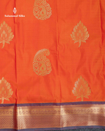 Beautiful Orange Semi Silk Saree With Contrast Sapphire Green Traditional Border