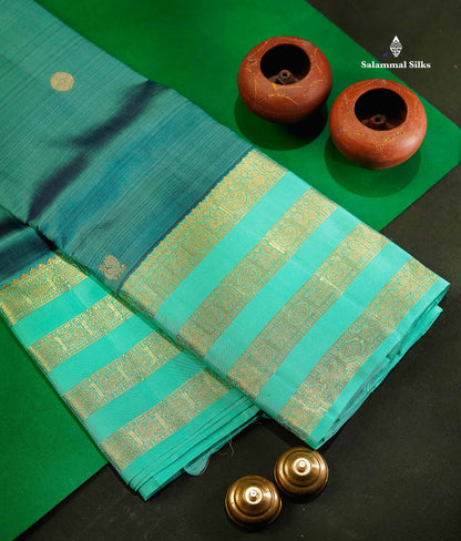 Pure Kanjivaram Silk Saree - Teal Blue Colour Body With Butta & Contrast Rexona Border