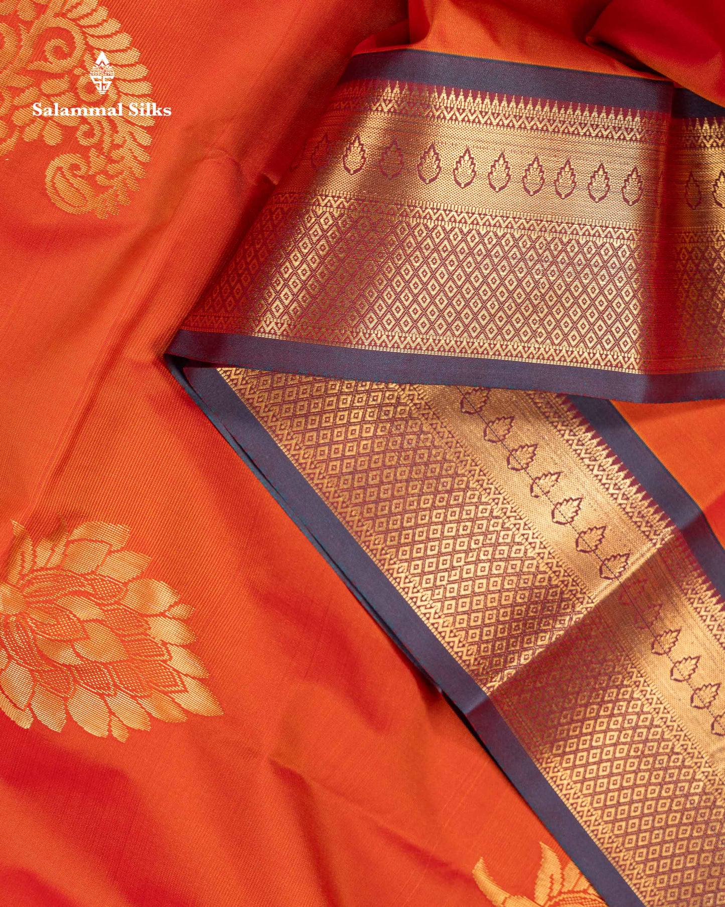 Beautiful Orange Semi Silk Saree With Contrast Sapphire Green Traditional Border