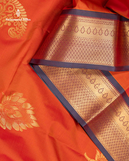 Beautiful Orange Semi Silk Saree With Contrast Sapphire Green Traditional Border