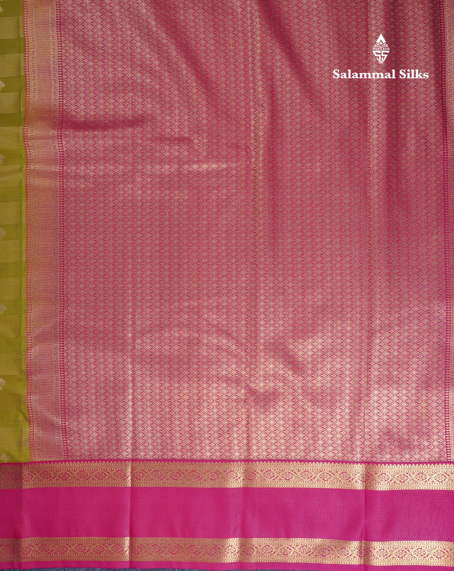 Manthulir Green Vairaoosi With Butta Semi Silk Saree With Contrast Pink Rettapet Border