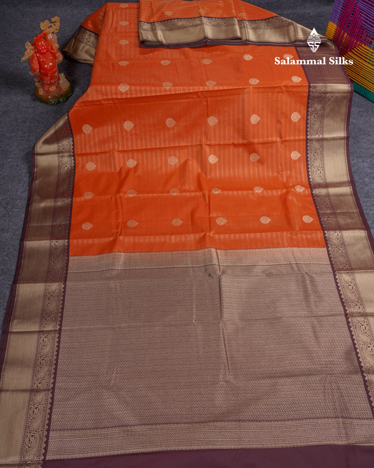 Beautiful Rust Orange Semi Silk Saree With Contrast Dark Brown Traditional Border