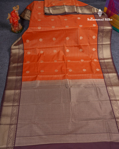 Beautiful Rust Orange Semi Silk Saree With Contrast Dark Brown Traditional Border