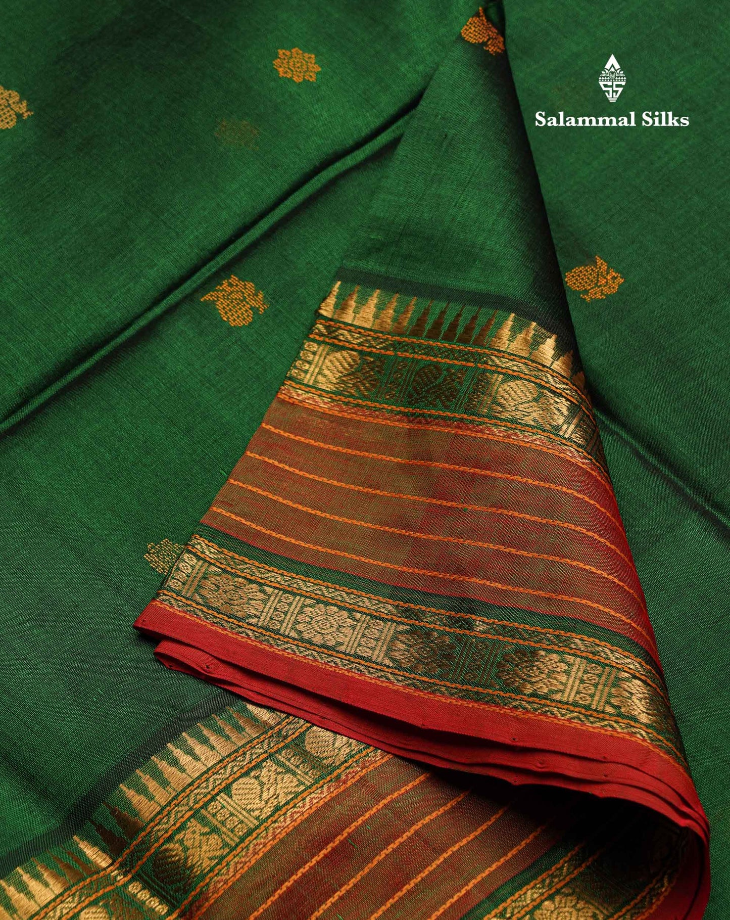 Beautiful Bottle Green Thread Butta Pure Silk Cotton Saree With Contrast Dual Tone Red Traditional Border
