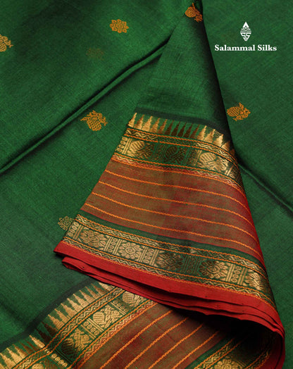 Beautiful Bottle Green Thread Butta Pure Silk Cotton Saree With Contrast Dual Tone Red Traditional Border