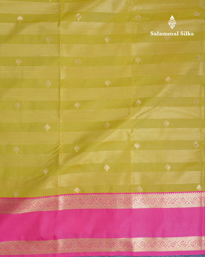 Manthulir Green Vairaoosi With Butta Semi Silk Saree With Contrast Pink Rettapet Border