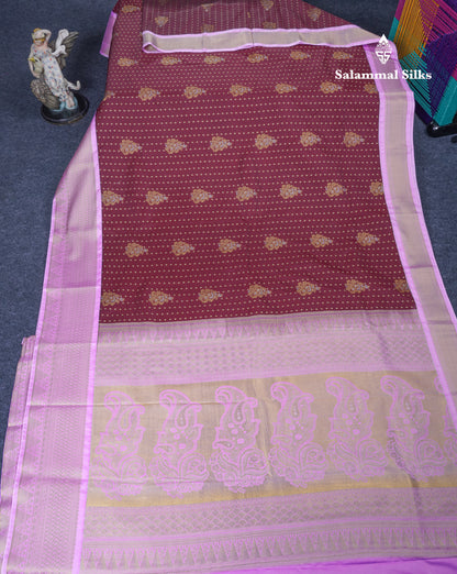 Dark Maroon Semi Silk Saree With Contrast Lavender Border