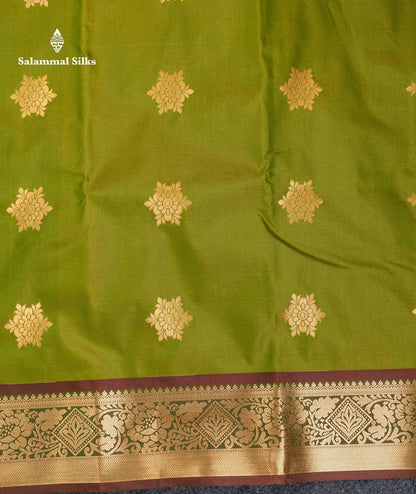 Beautiful Green Zari Butta Semi Silk Saree With Contrast Rust Orange Blouse