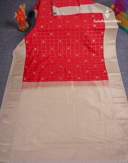 Beautiful Chilly Red Checks Semi Silk Saree With Contrast Beige Traditional Border