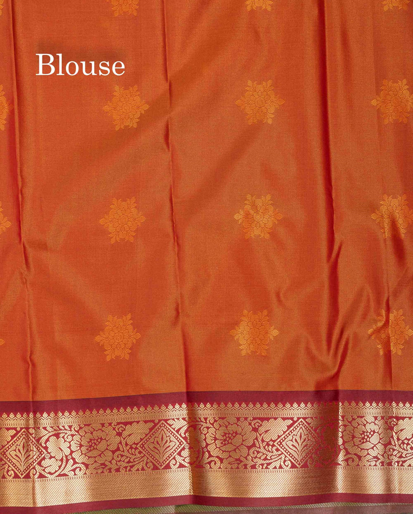 Beautiful Green Zari Butta Semi Silk Saree With Contrast Rust Orange Blouse