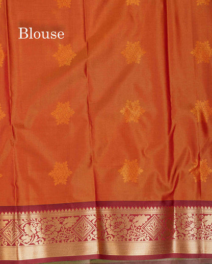 Beautiful Green Zari Butta Semi Silk Saree With Contrast Rust Orange Blouse