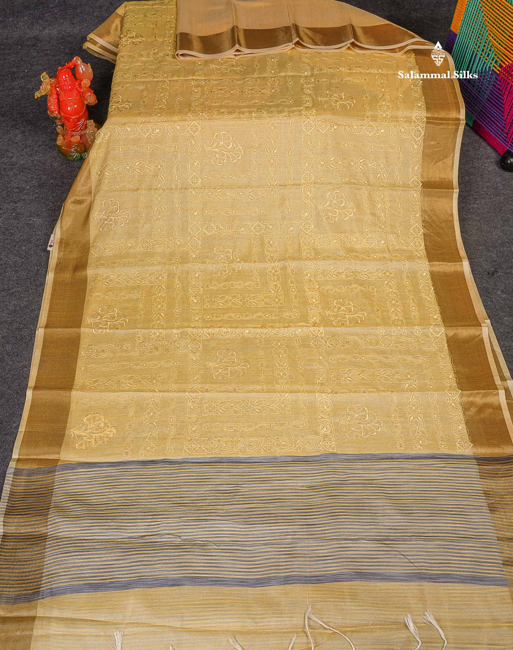 Cotton Mix Saree - Light Yellow Colour Body Thread Work With Gold Zari Border 