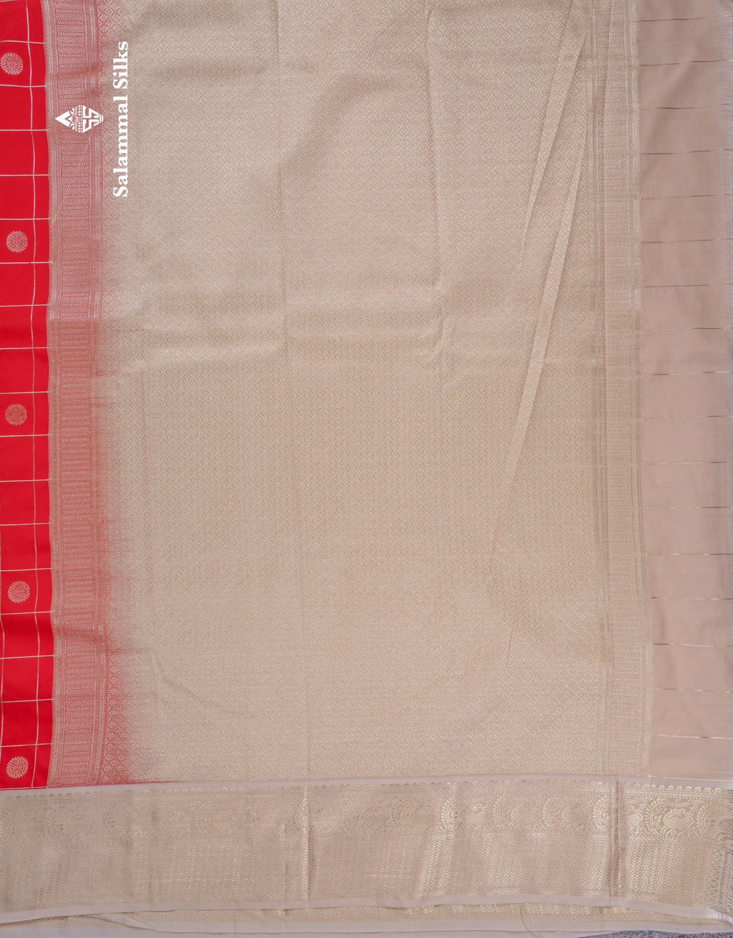 Beautiful Chilly Red Checks Semi Silk Saree With Contrast Beige Traditional Border