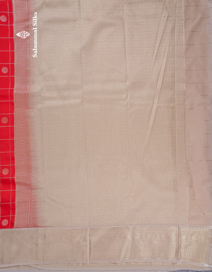 Beautiful Chilly Red Checks Semi Silk Saree With Contrast Beige Traditional Border