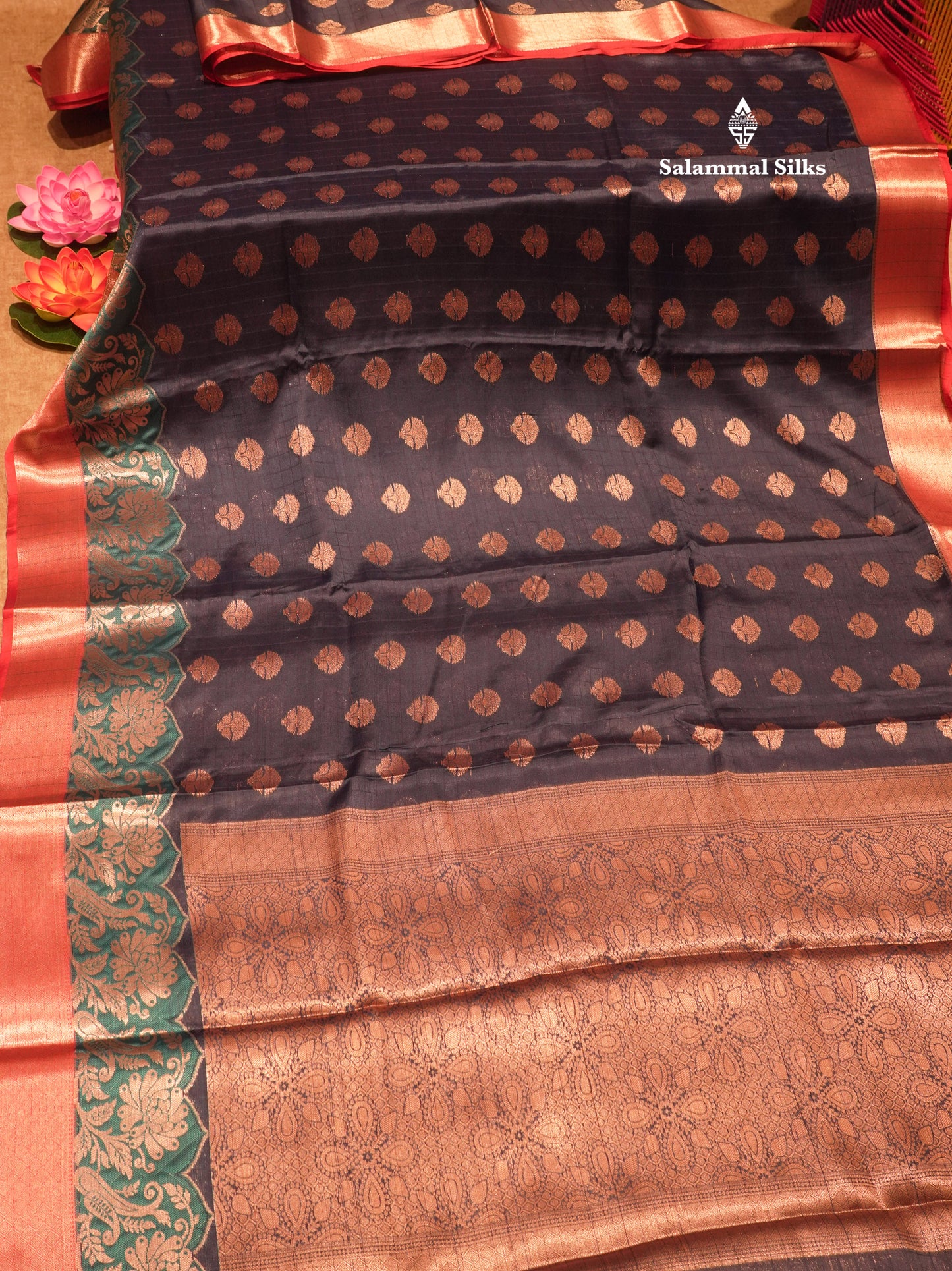 Navy Blue Colour Small Checks Semi Silk Saree With Contrast Chilly Red Fancy Border
