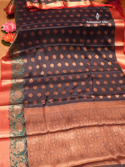 Navy Blue Colour Small Checks Semi Silk Saree With Contrast Chilly Red Fancy Border