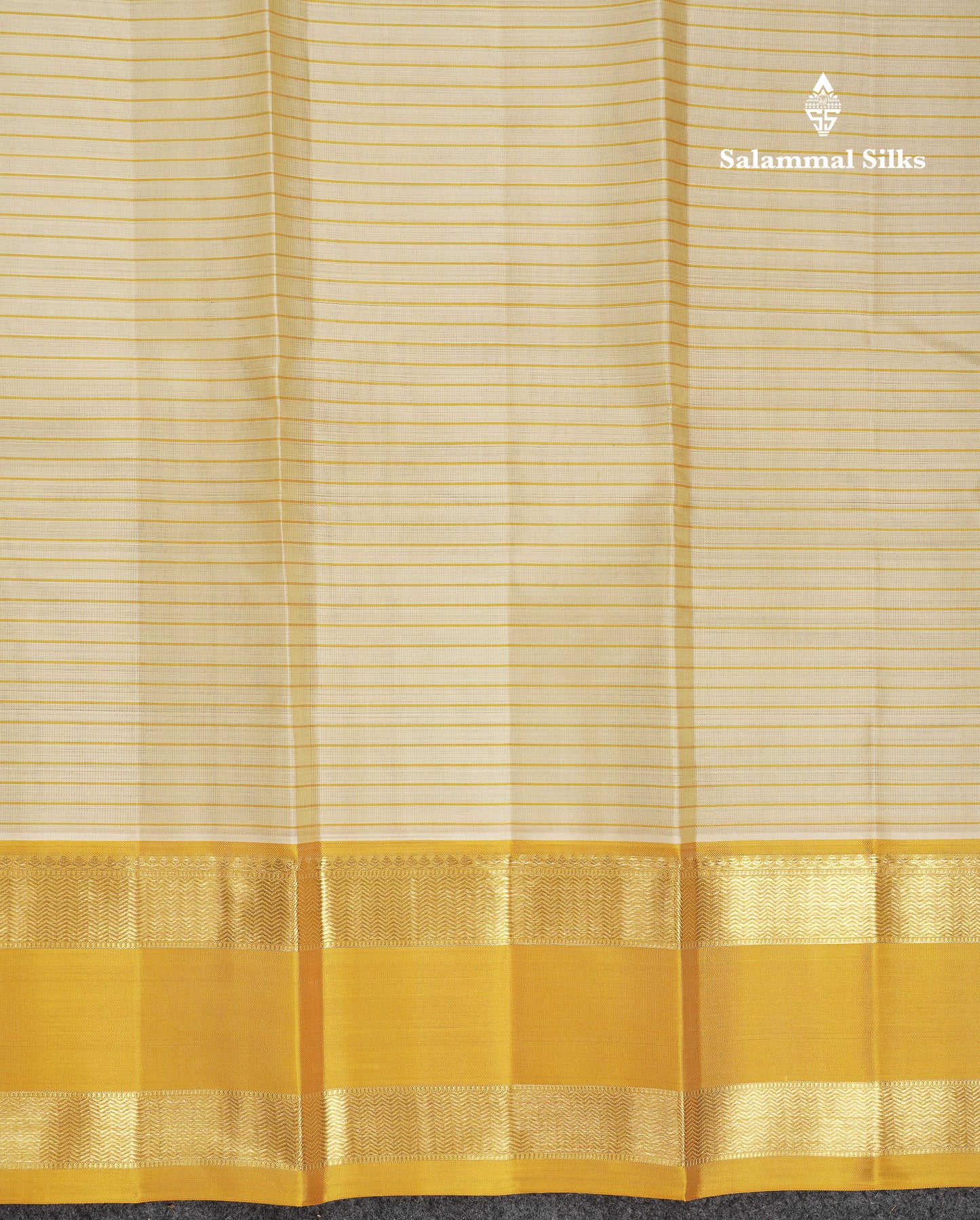 Beautiful Cream Sandal Lines Pure Kanjivaram Silk Saree With Contrast Mustard Yellow Traditional Rettapet Border