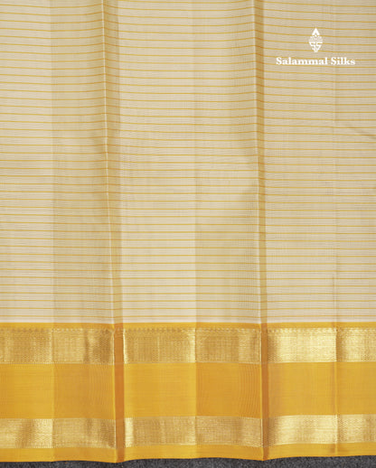 Beautiful Cream Sandal Lines Pure Kanjivaram Silk Saree With Contrast Mustard Yellow Traditional Rettapet Border