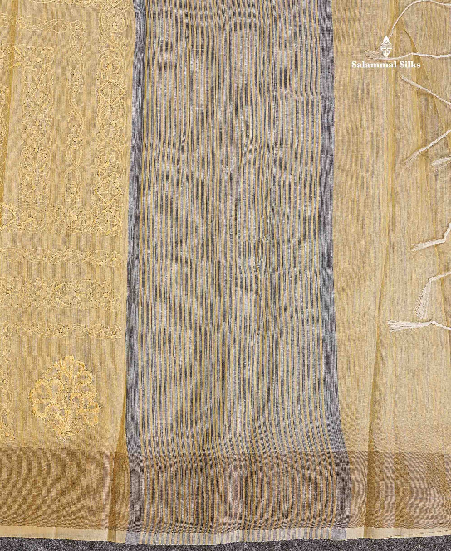 Cotton Mix Saree - Light Yellow Colour Body Thread Work With Gold Zari Border