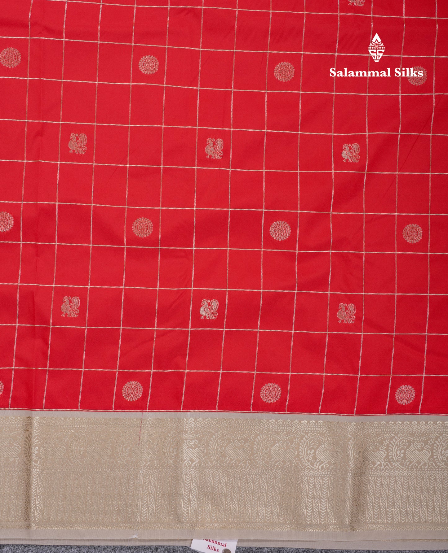 Beautiful Chilly Red Checks Semi Silk Saree With Contrast Beige Traditional Border