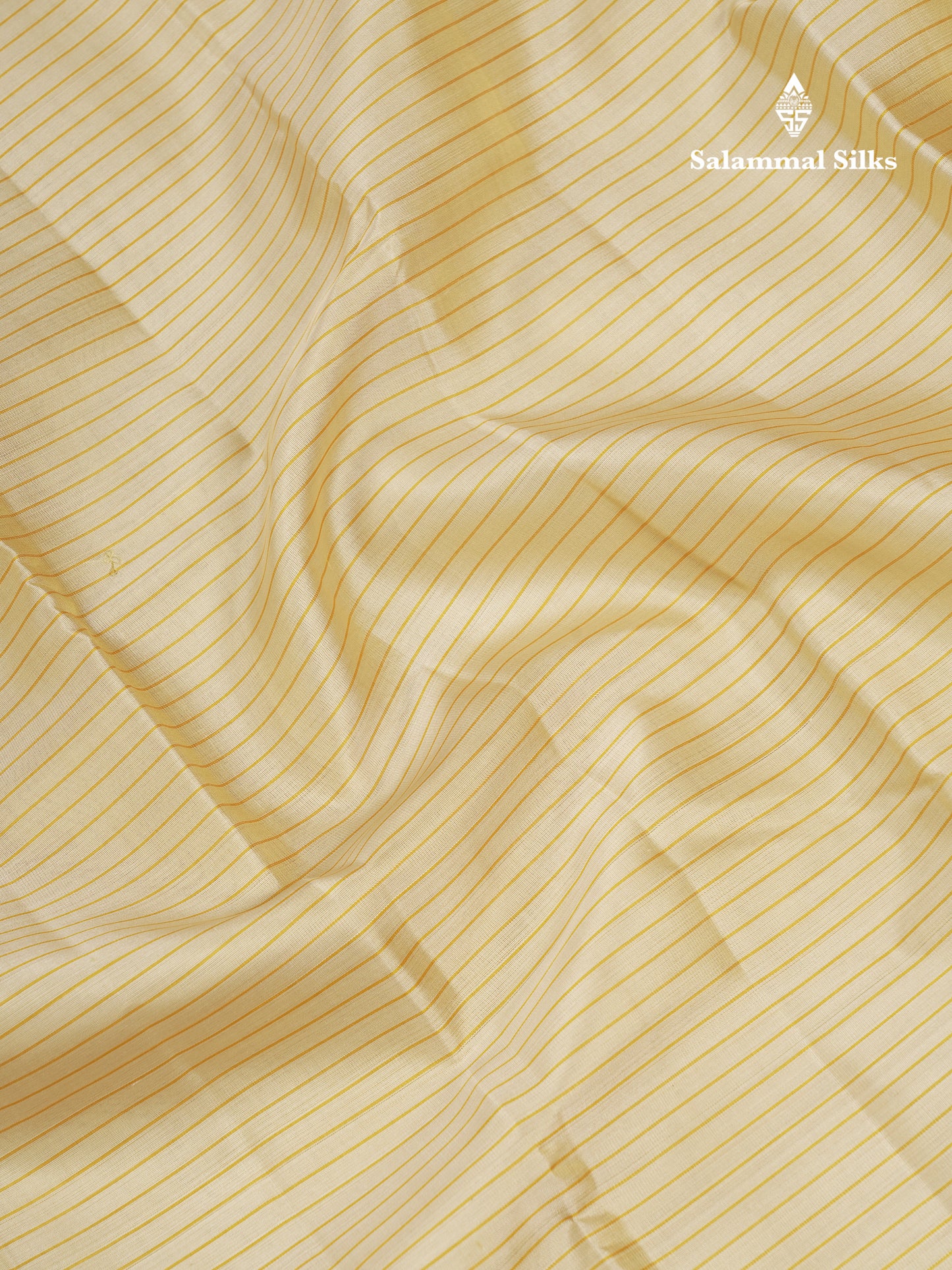 Beautiful Cream Sandal Lines Pure Kanjivaram Silk Saree With Contrast Mustard Yellow Traditional Rettapet Border