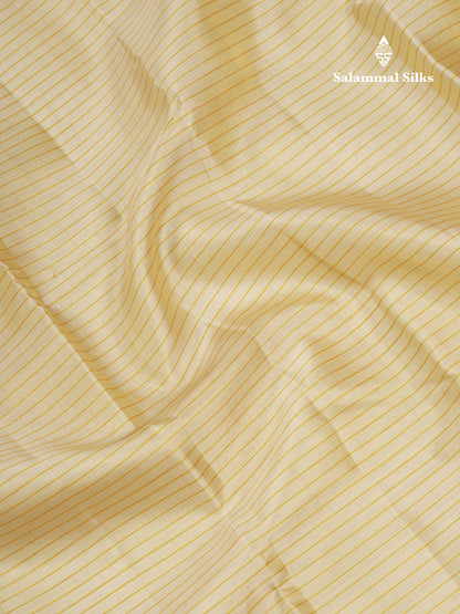 Beautiful Cream Sandal Lines Pure Kanjivaram Silk Saree With Contrast Mustard Yellow Traditional Rettapet Border