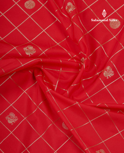 Beautiful Chilly Red Checks Semi Silk Saree With Contrast Beige Traditional Border