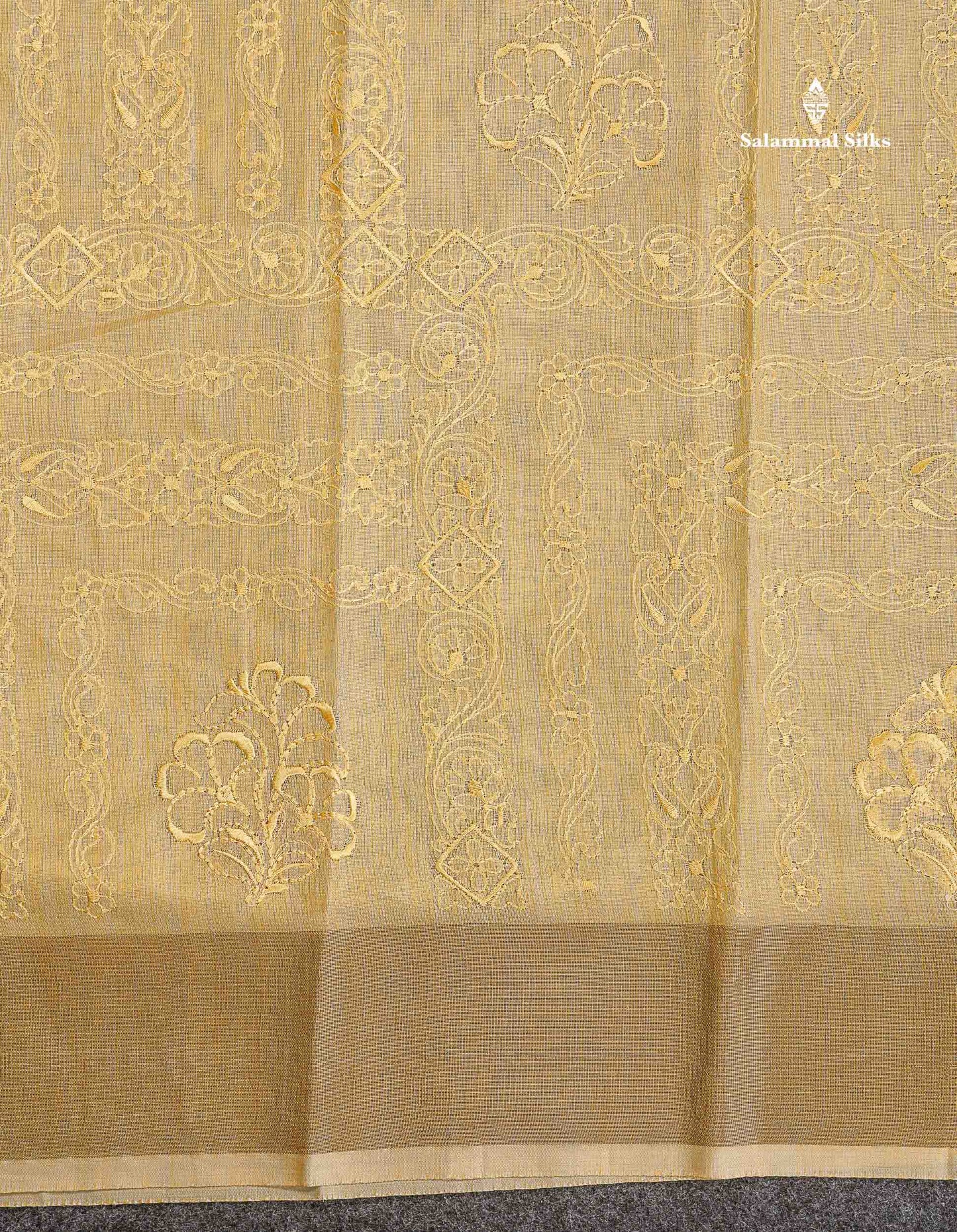 Cotton Mix Saree - Light Yellow Colour Body Thread Work With Gold Zari Border