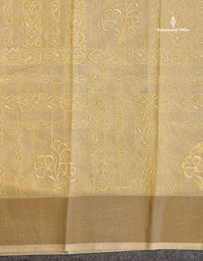 Cotton Mix Saree - Light Yellow Colour Body Thread Work With Gold Zari Border