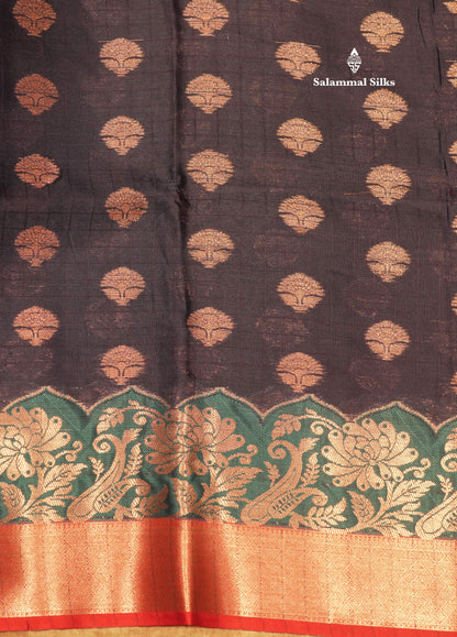 Navy Blue Colour Small Checks Semi Silk Saree With Contrast Chilly Red Fancy Border
