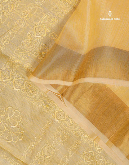 Cotton Mix Saree - Light Yellow Colour Body Thread Work With Gold Zari Border