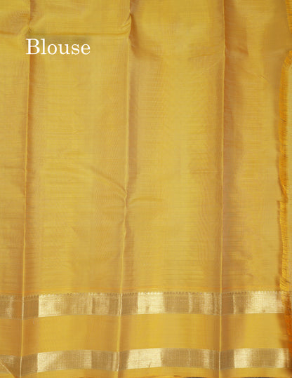 Beautiful Cream Sandal Lines Pure Kanjivaram Silk Saree With Contrast Mustard Yellow Traditional Rettapet Border