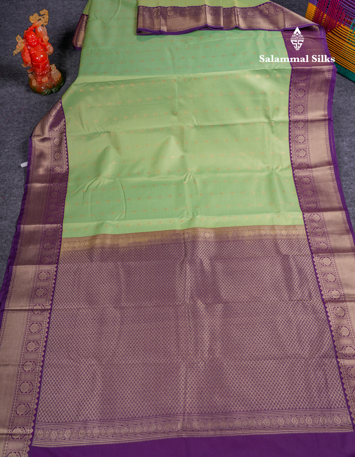 Beautiful Pista Green Vaira Oosi Checks With Butta Semi Silk Saree With Contrast Dark Violet Border
