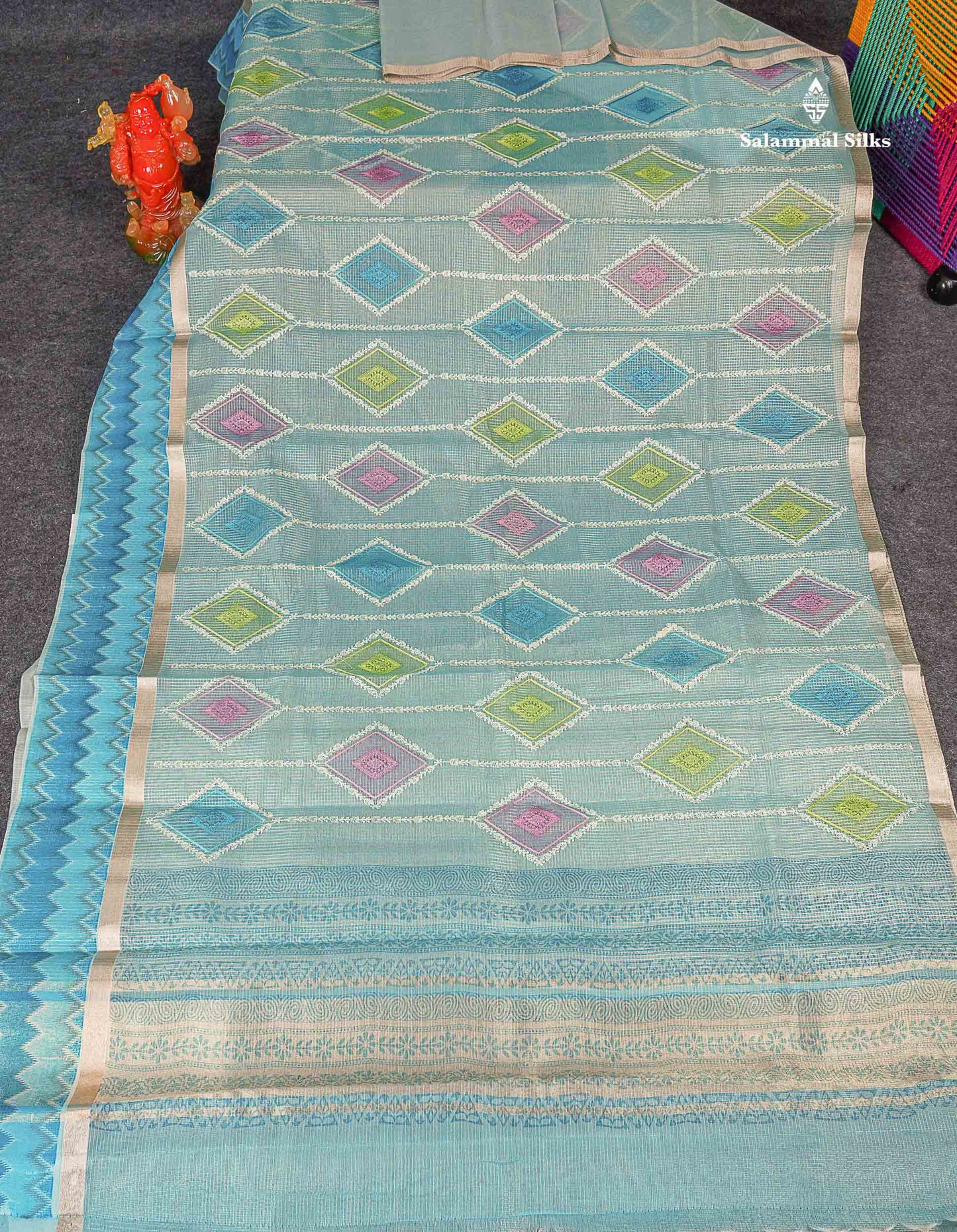 Kota Cotton Saree - Light Blue Tiny Zari Checks Embroidery Work With Fancy Border