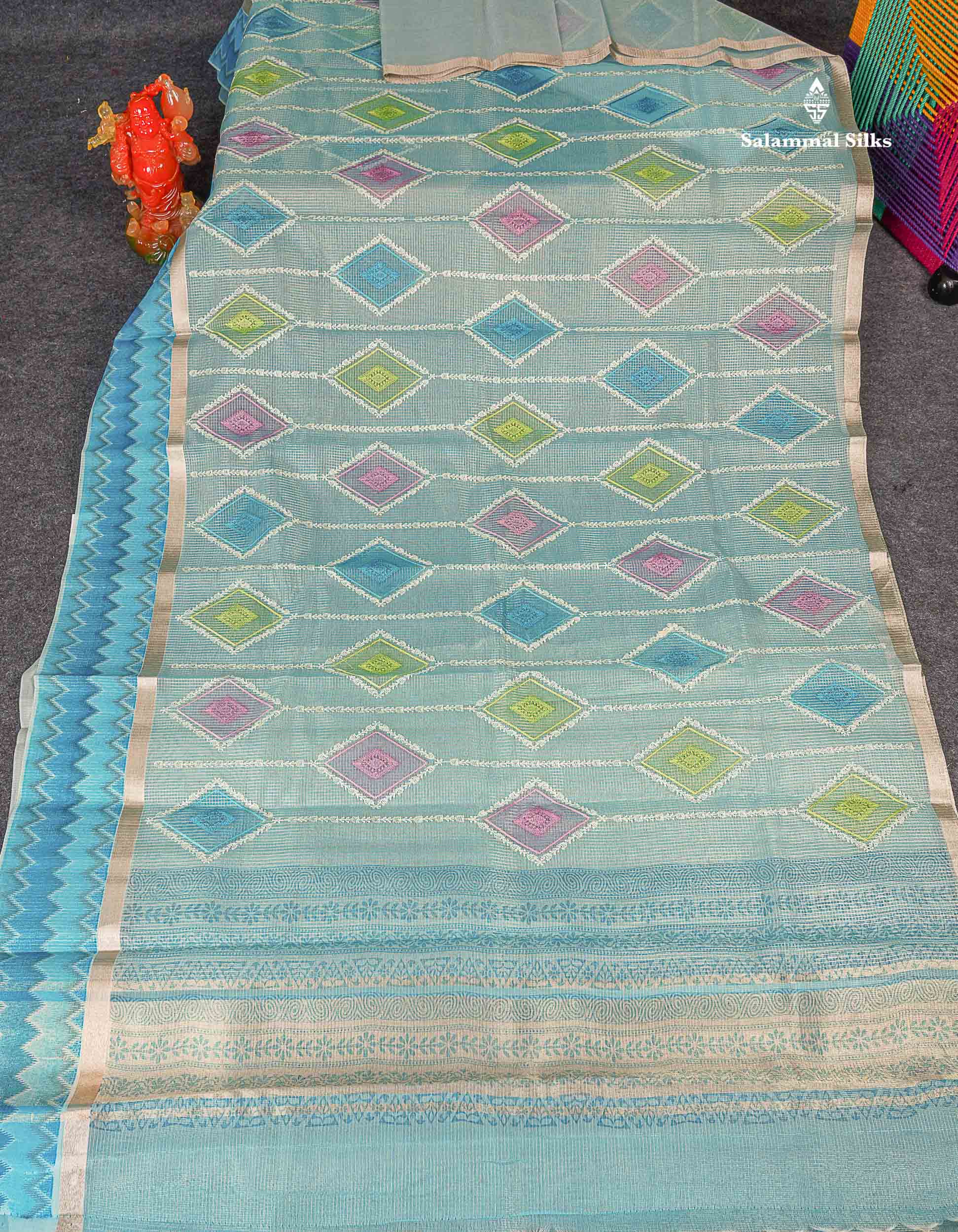 Kota Cotton Saree - Light Blue Tiny Zari Checks Embroidery Work With Fancy Border