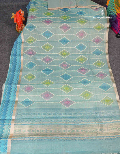 Kota Cotton Saree - Light Blue Tiny Zari Checks Embroidery Work With Fancy Border
