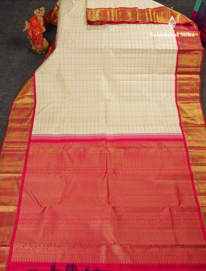 Beautiful Korvai Half White Checks Pure Kanjivaram Silk Saree With Contrast Pinkish Red Traditional Border
